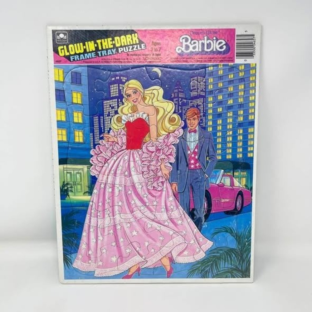 VTG 1986 Barbie Dream Glow Puzzle Glow in the Dark Frame Tray Pink Star Dress